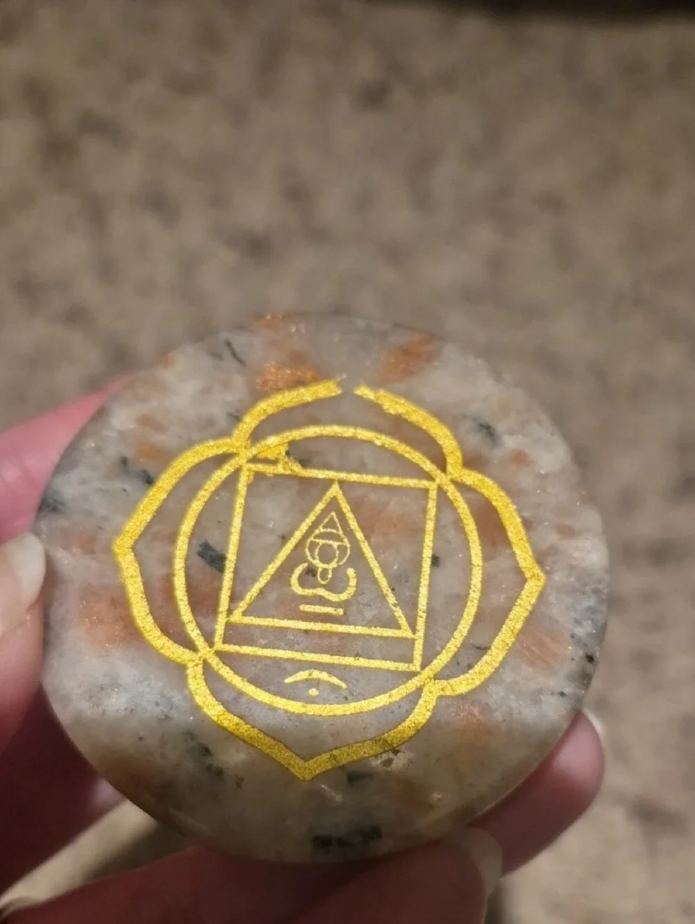 Round Sunstone Phone Holder with Gold Mandala Symbol
